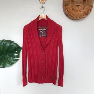 Superdry Double Black Label Red Ribbed Cardigan, M